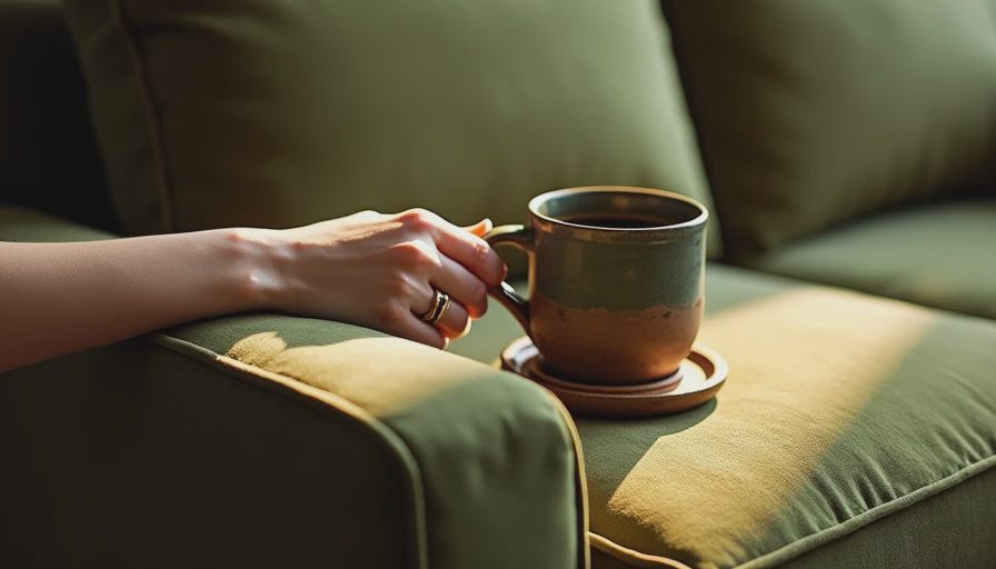 Close-up of a deep-green velvet sofa acting as a cozy living room anchor in a compact apartment.webp