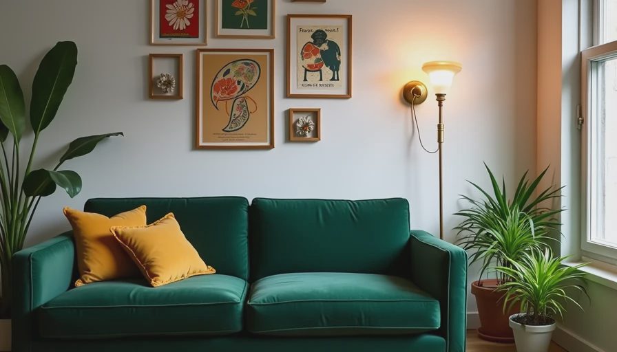 Personalized gallery wall and home decor details above an olive green velvet sofa in a rental living room.webp