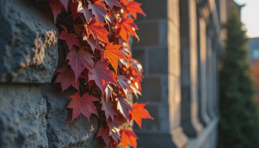 Crimson and burnt rust-colored ivy leaves crawling up weathered Gothic stone walls during autumn at Princeton University.webp