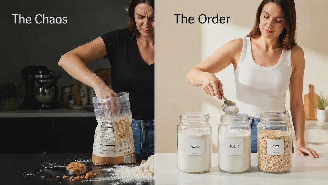 Split image showing messy kitchen pantry clutter on the left and organized glass storage jars on the right.webp