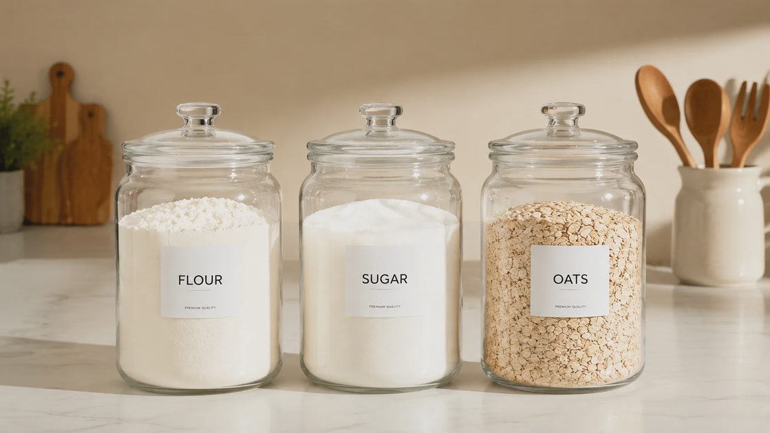 Set of three identical clear glass canisters filled with baking supplies on a pantry shelf.webp
