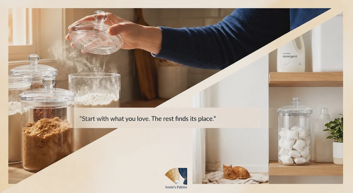 Airtight glass flour canister on a kitchen counter for sourdough baking.webp