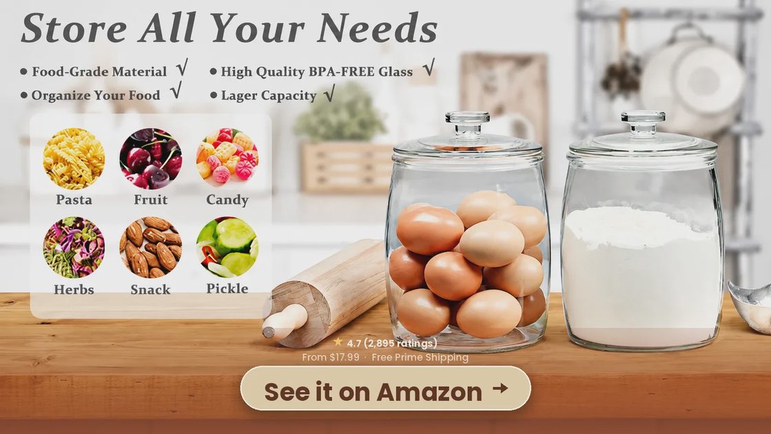 Folinstall multi-purpose glass storage jar with product feature icons for kitchen and home organization.png
