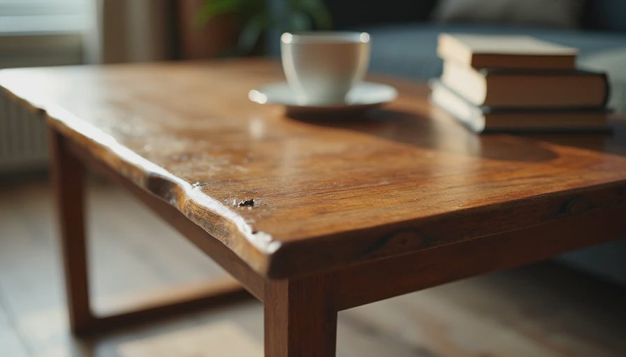 A vintage solid walnut coffee table showing a warm wood grain patina next to a stack of books and a ceramic mug.webp