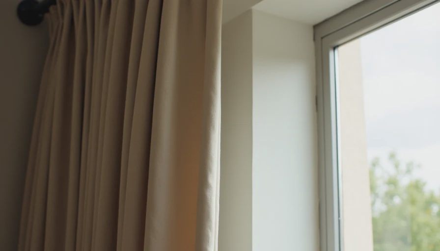 A high-mounted curtain rod with textured beige linen panels cascading gracefully down to the floor, showing proper curtain placement.webp