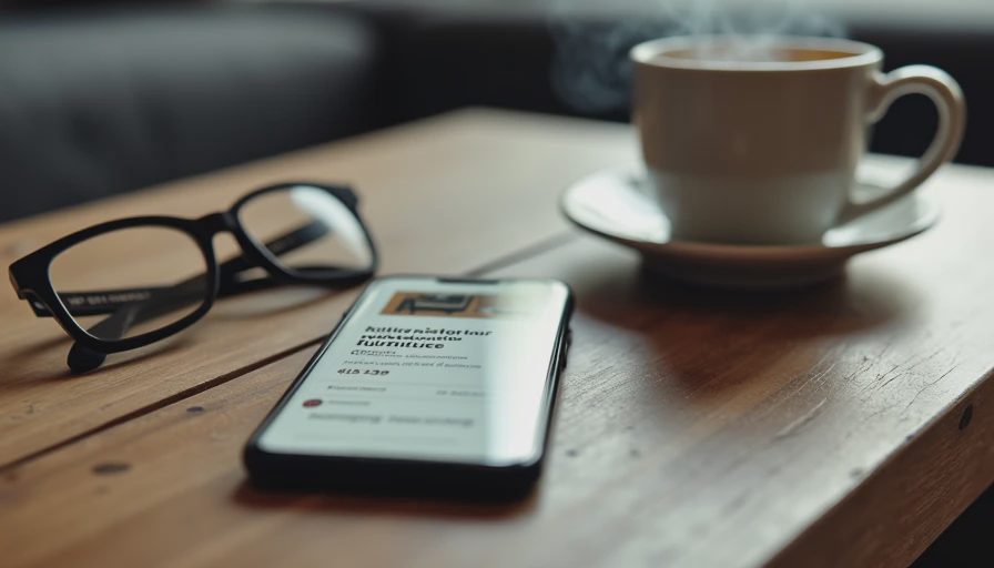 A smartphone showing an online furniture listing resting on a wooden coffee table next to a ceramic mug, illustrating secondhand shopping.webp