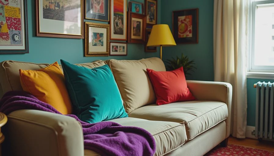 A textured burnt-orange velvet throw pillow on a neutral grey rental sofa, illustrating apartment color theory and the 60-30-10 design rule.webp