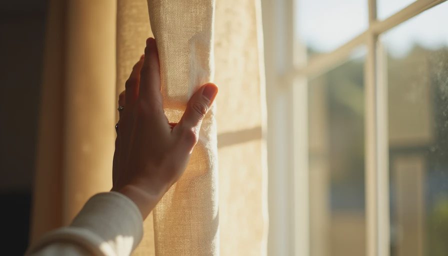 A close-up of a hand touching heavy textured linen-look curtain fabric, showcasing organic weave and matte home textile quality.webp