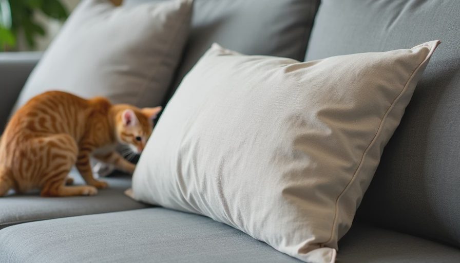 A synthetic linen-look throw pillow cover on a grey cotton rental sofa with a cat scratching nearby, showing durable home textiles.webp