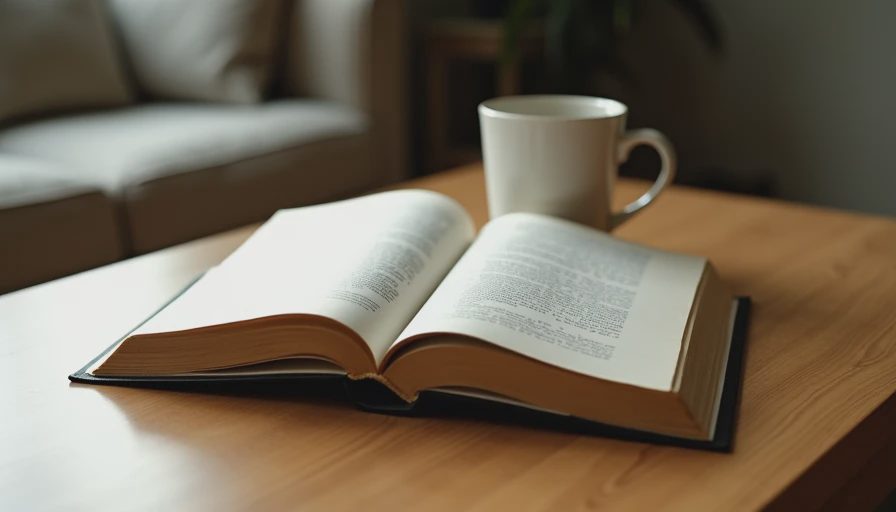 A minimalist wooden coffee table featuring a single open book and a ceramic mug, showing an uncluttered surface.webp