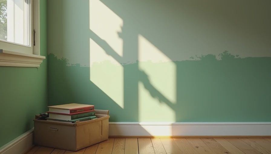 A cozy living room corner during a makeover showing a half-painted wall and stacked books, capturing the messy middle phase.webp