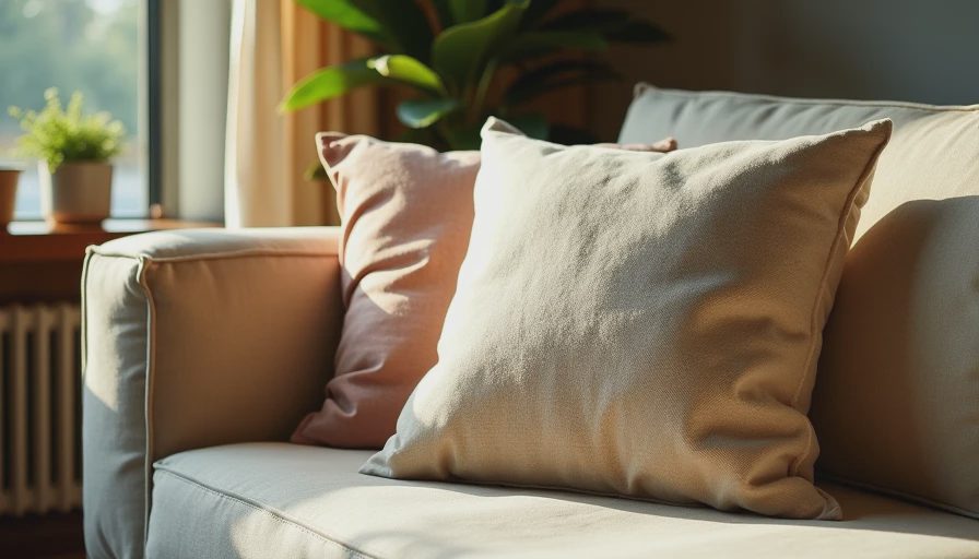 A close-up of a textured linen throw pillow resting on a durable cotton sofa in a sunlit living room.webp
