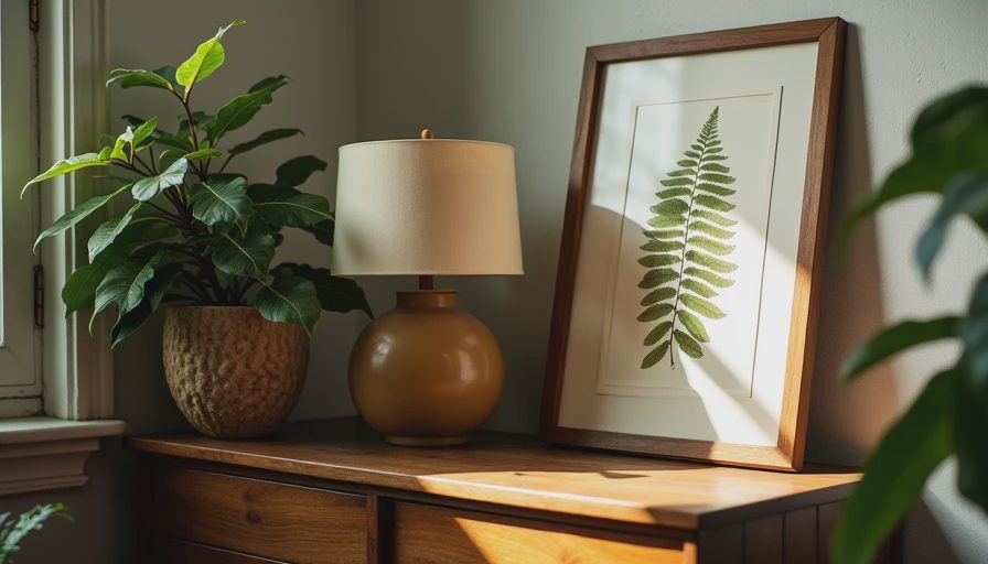A collection of secondhand vintage home decor items including a ceramic lamp, wood frame botanical print, and solid walnut side table found at an estate sale.webp