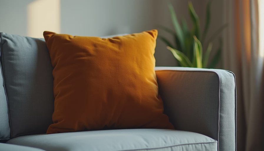 A textured burnt-orange velvet throw pillow on a neutral grey rental sofa, illustrating affordable soft furnishing ideas for apartments.webp