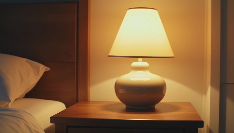 A warm-toned ceramic table lamp casting a soft golden glow on a wooden nightstand, illustrating cozy ambient lighting.webp