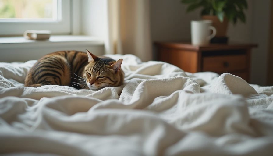 A pure flax linen duvet cover on a made bed with an orange tabby cat sleeping peacefully, illustrating organic home fabric texture.webp