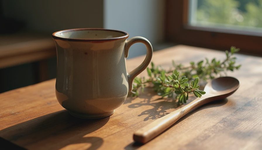 A close-up of a rustic wooden surface featuring a ceramic mug and dried greenery, evoking a warm, lived-in home aesthetic.webp