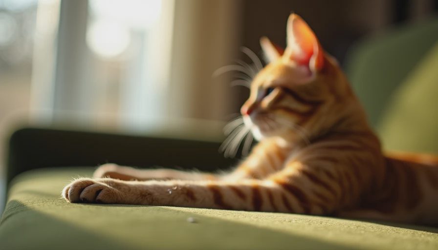 Close up of an orange tabby cat resting its paw on a dense pile moss green performance velvet sofa armrest showing unscratched fabric.webp