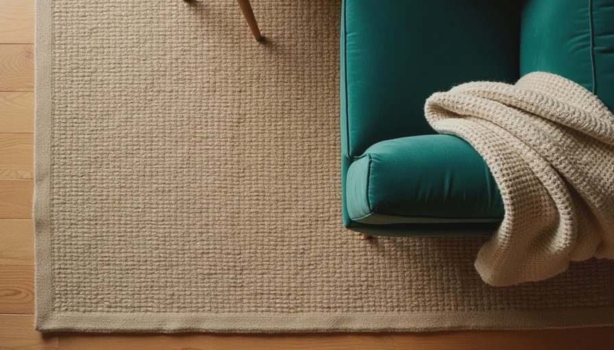 Large textured area rug anchoring a green velvet sofa and coffee table in a compact apartment living room.webp