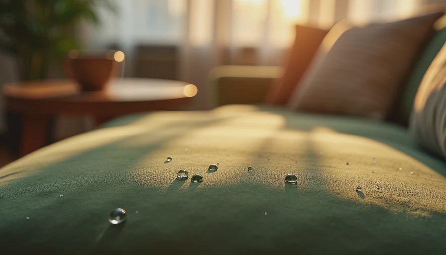 Water droplets beading up on a moss green performance fabric sofa cushion in a sunlit living room demonstrating breathable moisture-wicking properties.webp