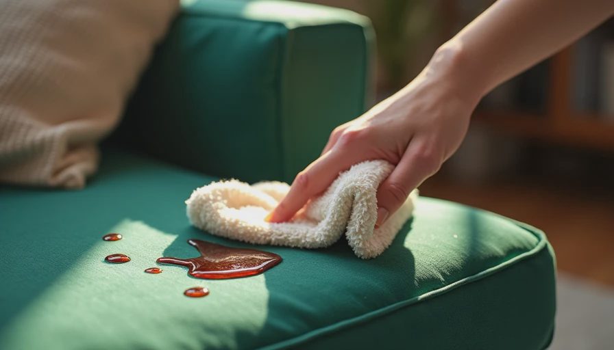 Water droplets beading up on the surface of a green performance velvet sofa showing stain resistant fabric technology.webp
