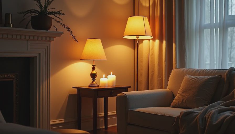 Warm glowing vintage brass table lamp and layered lighting in a cozy living room corner.webp