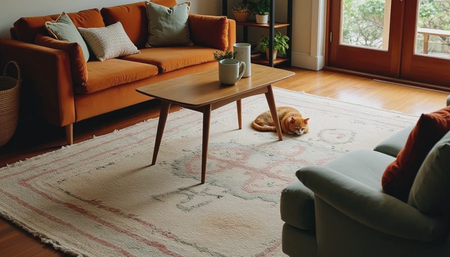 Cozy living room interior featuring a high-quality natural wool patterned rug anchoring a vintage coffee table and green performance velvet sofa.webp