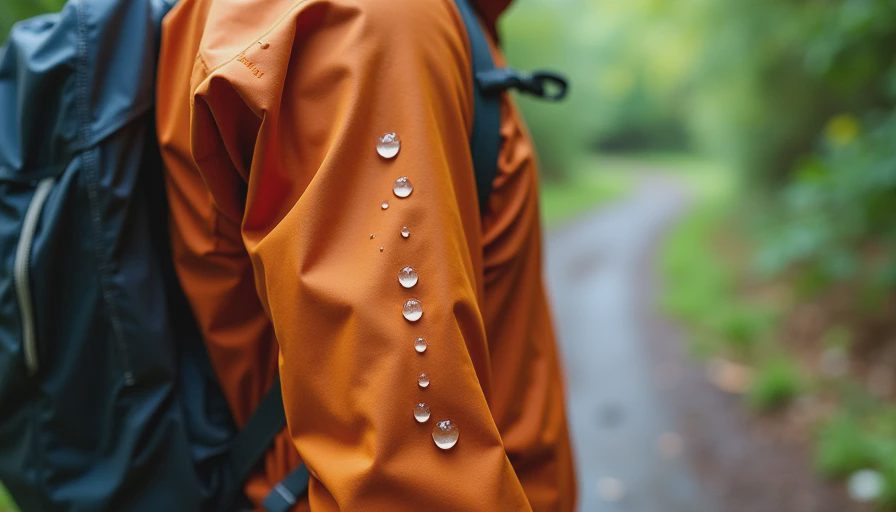 Close up of a technical terracotta waterproof rain shell jacket during an outdoor hike with raindrops beading up on the high-tech fabric surface.webp