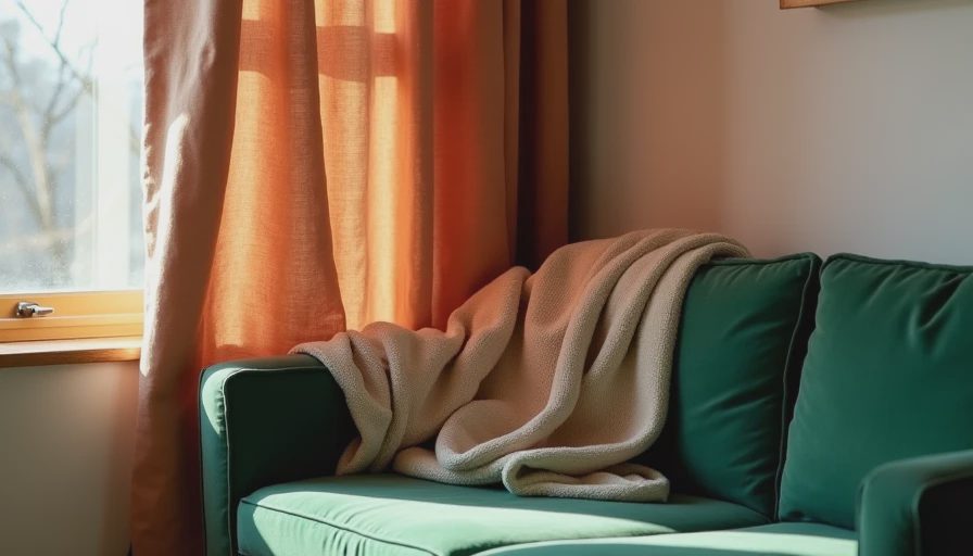Warm sunlight streaming through high-hung custom length linen cotton blend curtains next to a durable performance velvet sofa armrest.webp