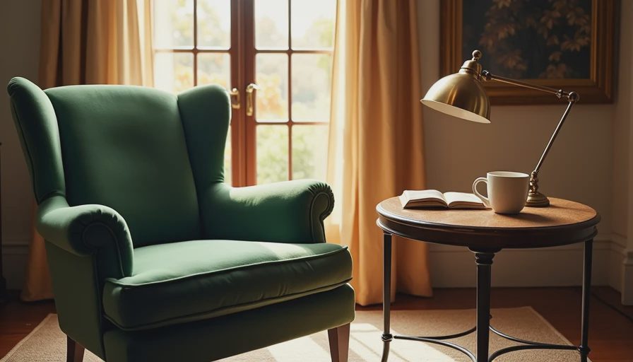 Vintage chipped ceramic vase and stacked art books next to a velvet armchair in a cozy apartment.webp