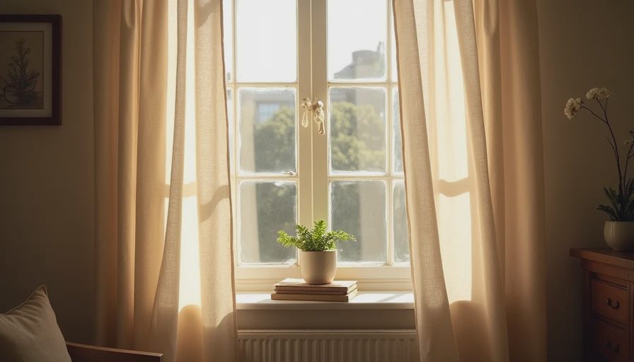 Textured linen curtains diffusing soft sunlight in a thoughtfully styled apartment interior.webp
