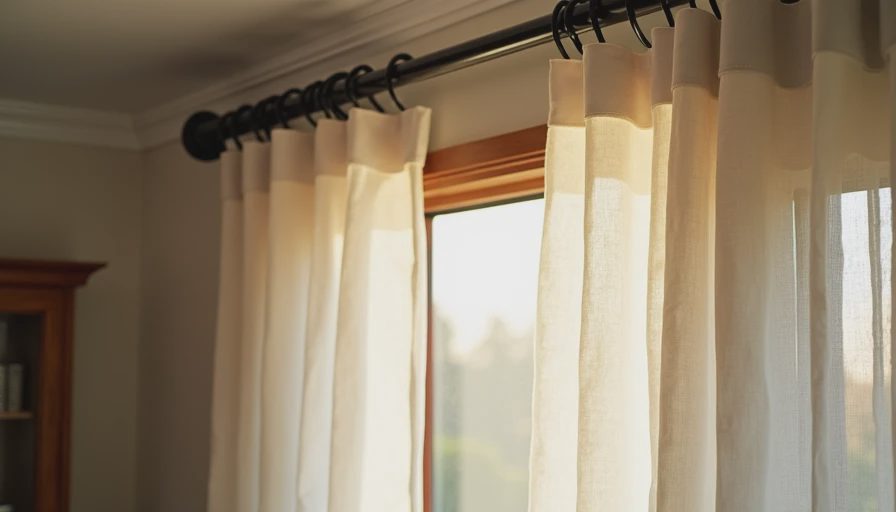 High-mounted curtain rod with long semi-sheer white linen curtain panels hanging down to create vertical height in a small room.webp