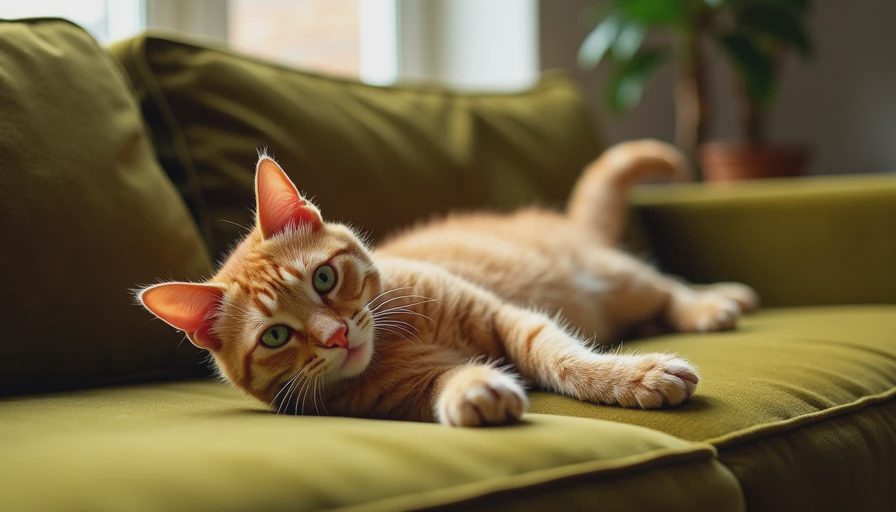Ginger tabby cat relaxing on a durable performance velvet sofa in a cozy living room.webp