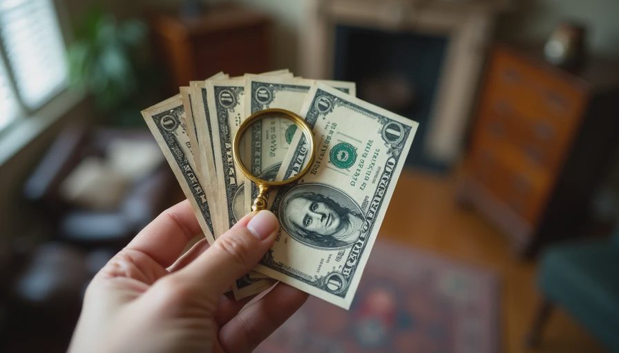 Close-up of US dollar bills and a vintage brass magnifying glass being used during a weekend estate sale purchase.webp